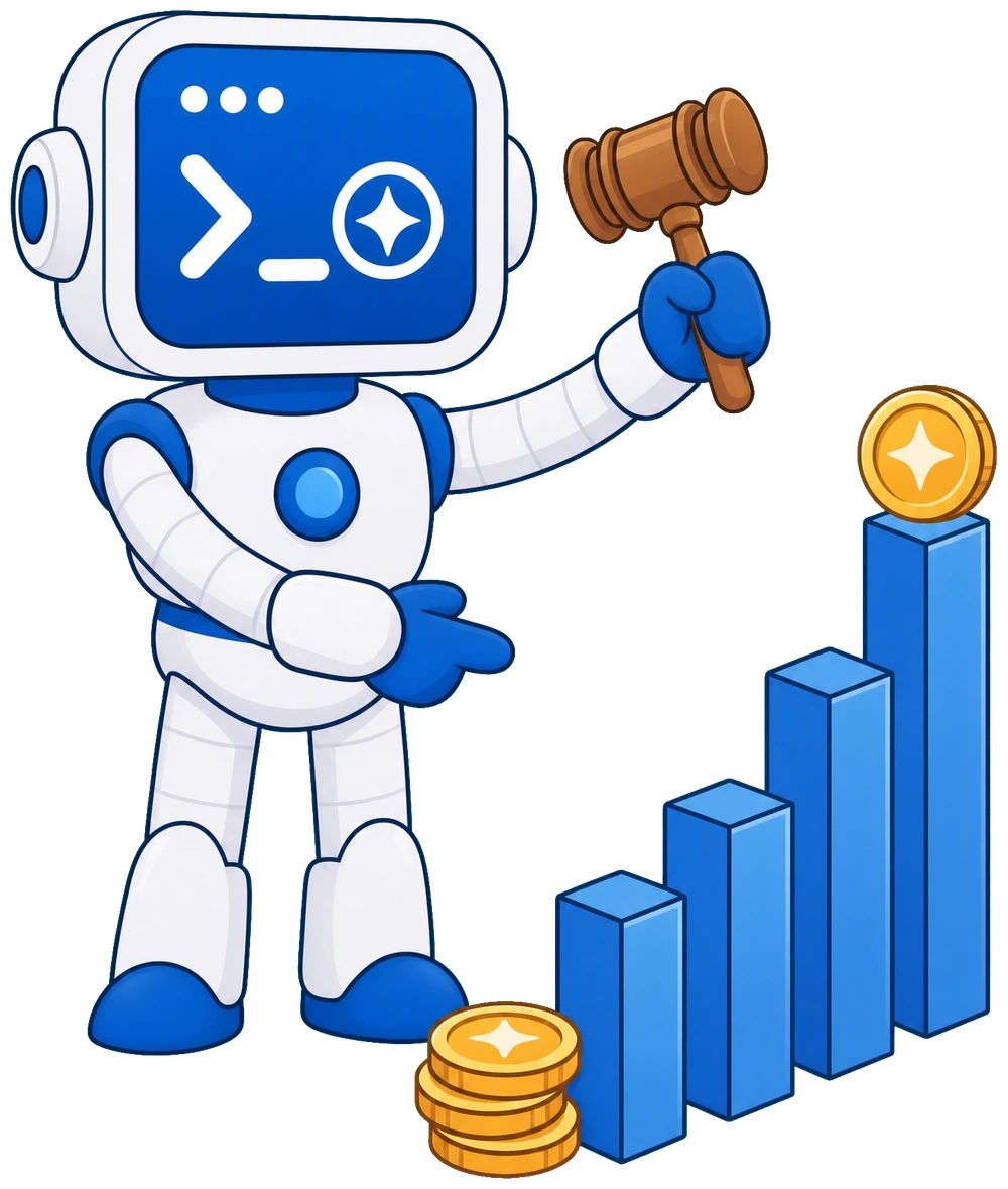 The Sponsored Code mascot as an auctioneer beside rising live bid bars