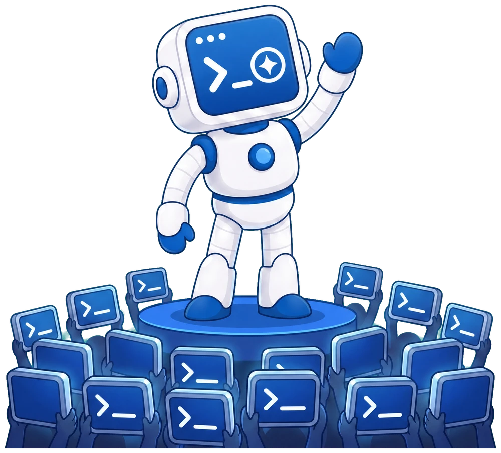 The Sponsored Code mascot with a megaphone reaching a crowd of developer terminals